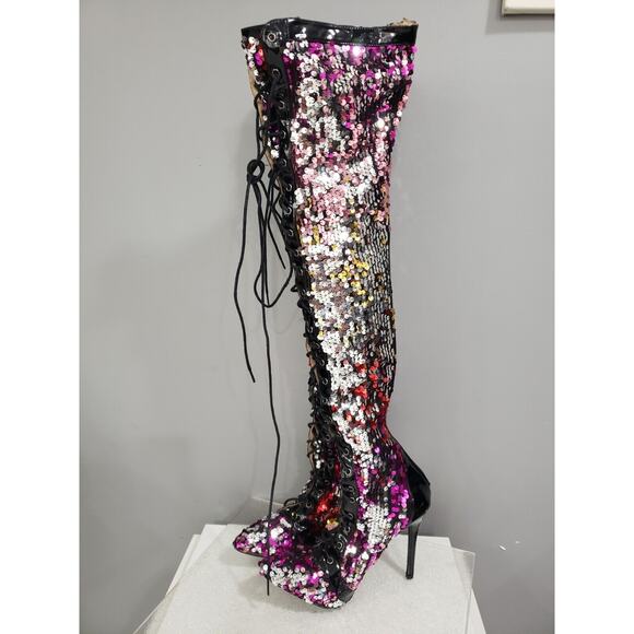 GORGEOUS Chase + Chloe Over Knee‎ Sequin Lace Front Boots Size 10 - Picture 9 of 10